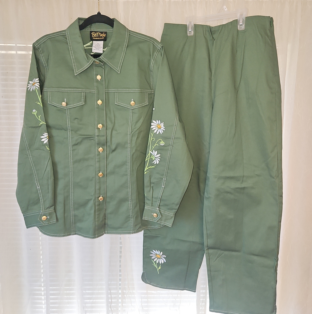 Bob Mackie Olive Green Embroidered Daisy Jacket & Trousers
